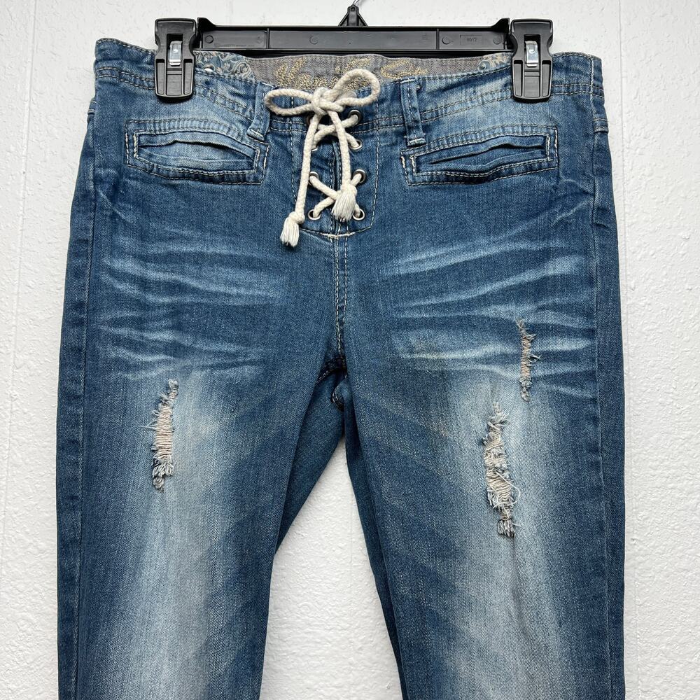 Vintage Y2K Jeans Vanilla Star Low Rise Lace Up Waist Flared Leg Sz 7 Distressed - Picture 4 of 14